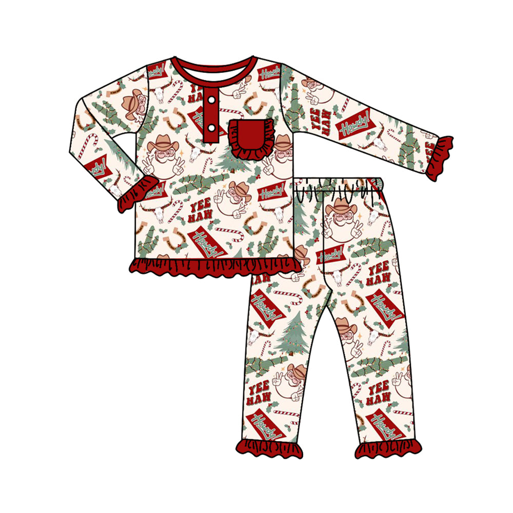 GLP1414 Bamboo Santa Claus Cactus Bull Head Lace Pocket Beige Long Sleeve Long Pants Pajama Set