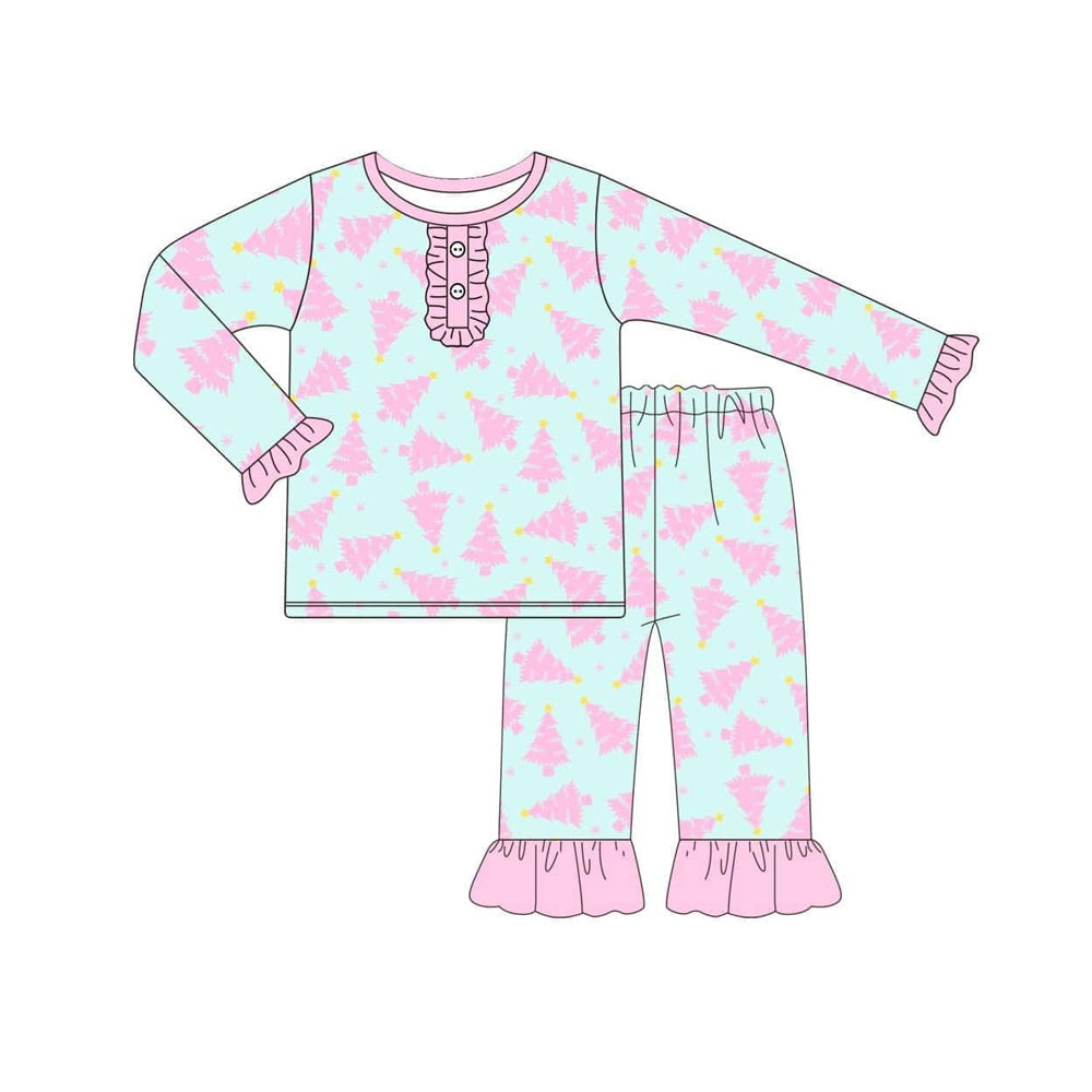 presale GLP1420 Christmas tree snowflake lace light blue long sleeve long pants pajamas set