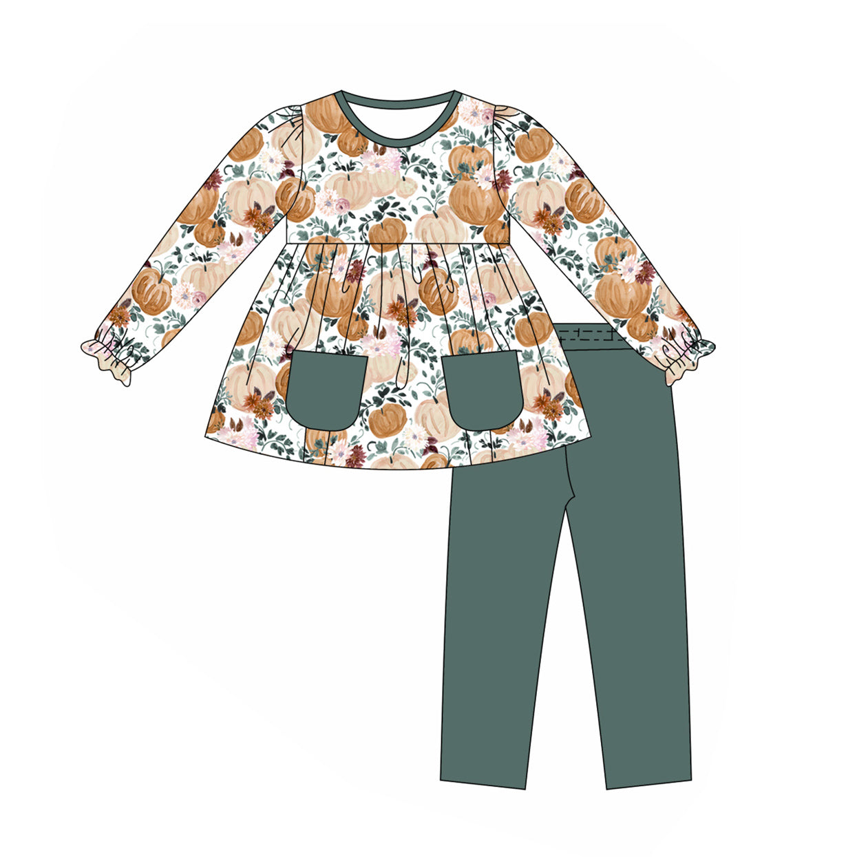 presale GLP1432 Pumpkin Blossom Green Pocket White Long Sleeve Pants Set