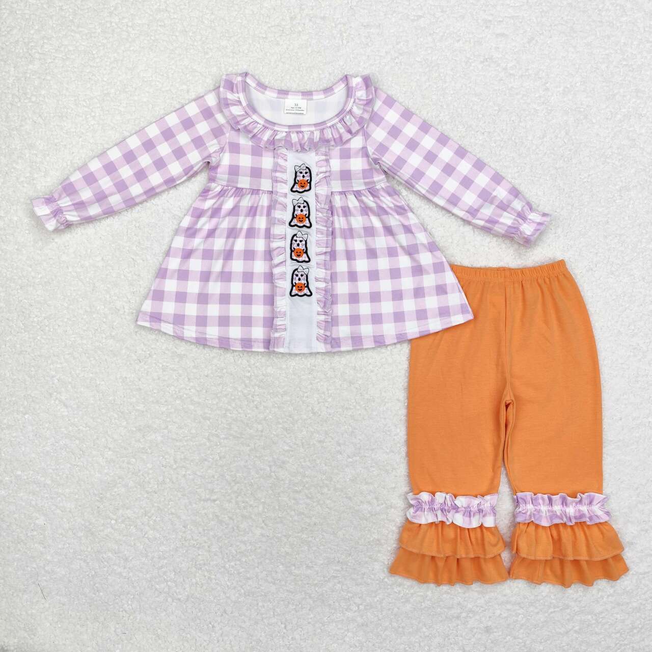GLP1434 Ghost Pumpkin Purple Plaid Long Sleeve Orange Pants Set
