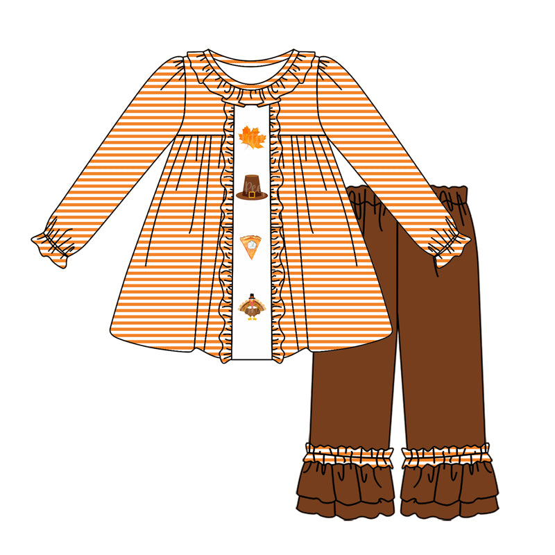 GLP1435 Leaf Hat Cake Turkey Orange Stripe Lace Long Sleeve Brown Pants Suit