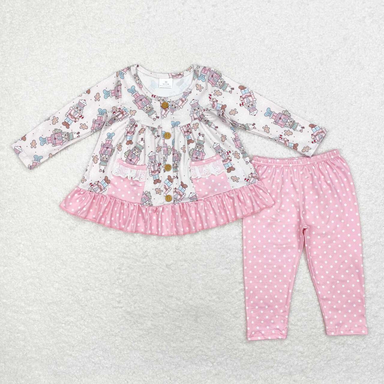 GLP1471 Christmas Polka Dot Lace Pocket Pink Long Sleeve Pants Set
