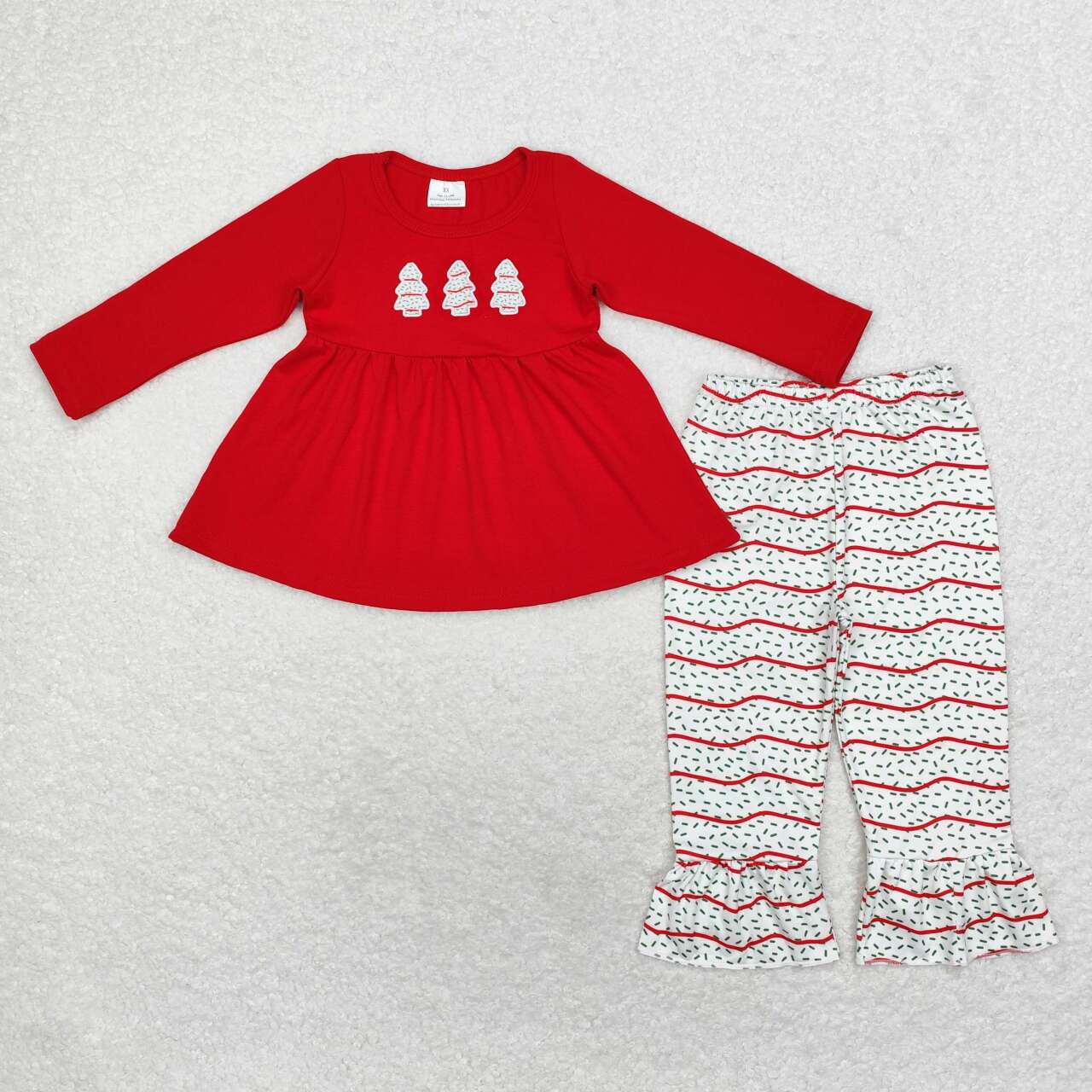 GLP1525 Christmas Tree Cookie Red Long Sleeve Striped Pants Suit