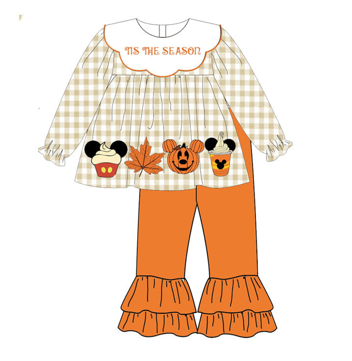 GLP1880 Maple Leaf Pumpkin Plaid Long Sleeve Orange Lace Pants Set