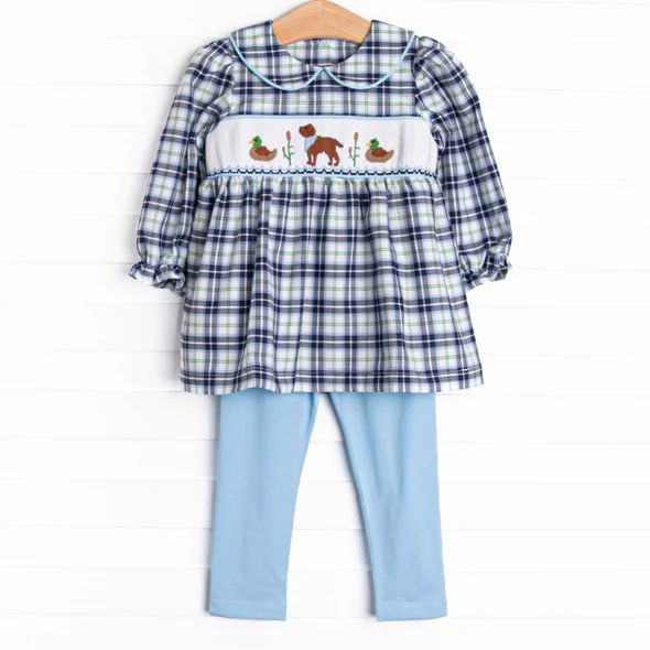 GLP1599 Duck Puppy Plaid Doll Collar Long Sleeve Blue Pants Suit