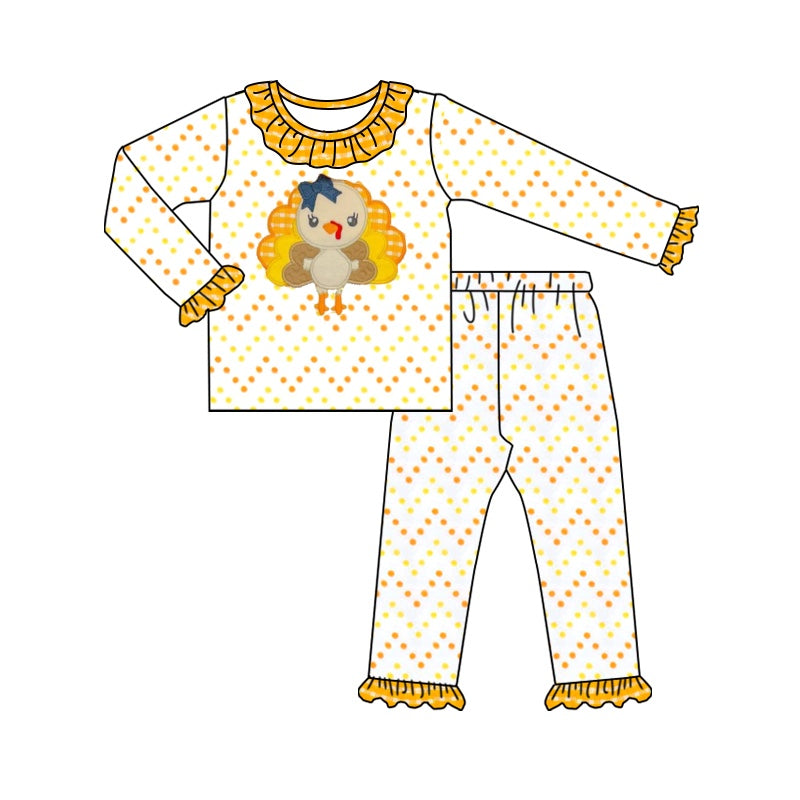 GLP1603 Turkey yellow and orange polka dot plaid lace white long sleeve long pants pajama set