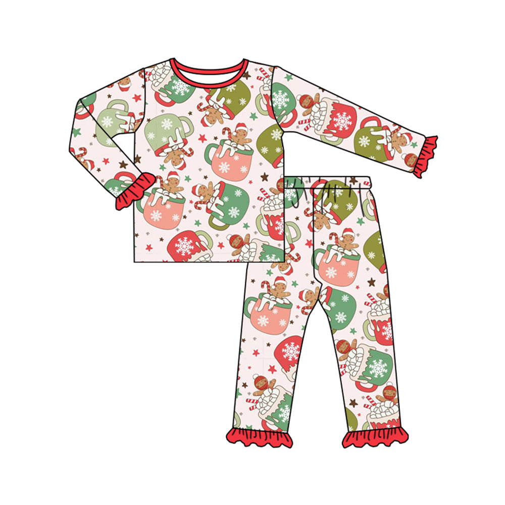 GLP1621 Bamboo Christmas gingerbread man cup red lace long sleeve long pants pajama set