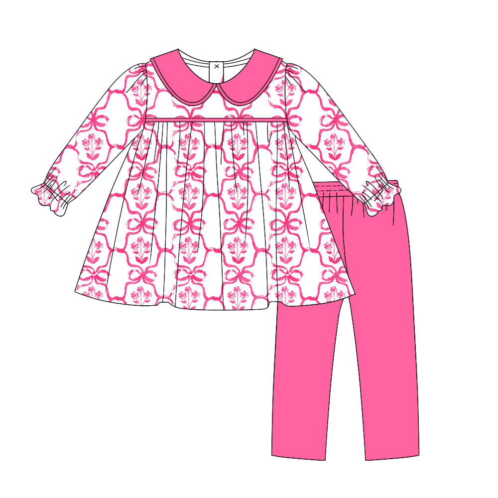 GLP1623 Flower and Bowknot Pattern Rose Red Doll Collar White Long Sleeve Trousers Suit