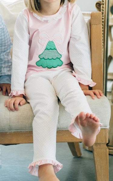 GLP1628 Christmas tree bow polka dot lace pink and white long-sleeved trousers pajama set