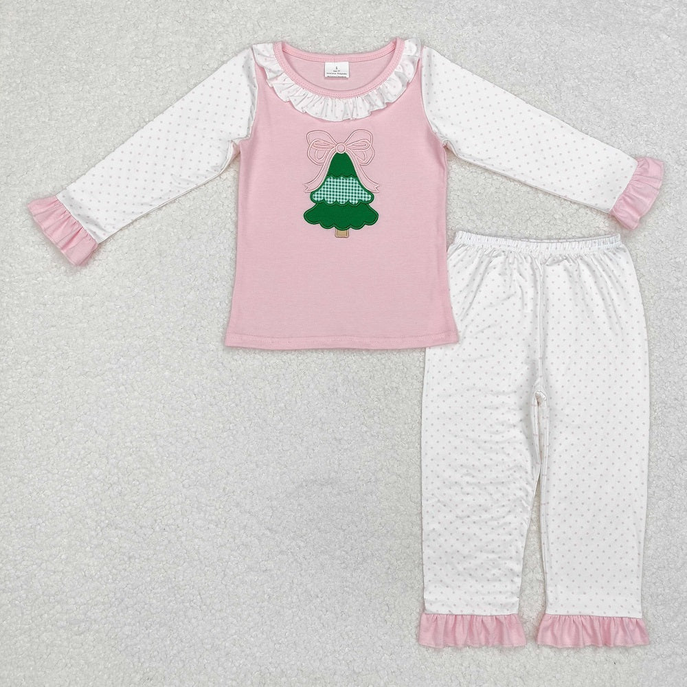 GLP1628 Christmas tree bow polka dot lace pink and white long-sleeved trousers pajama set