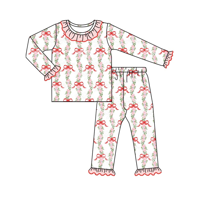 presale GLP1631 White long-sleeved and long-pants pajama set with pink lace and flower leaf and bow pattern 2024 7.20