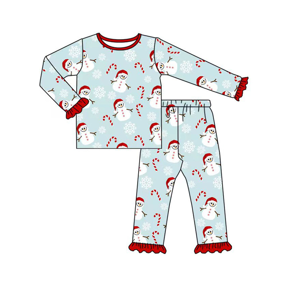 presale GLP1647 Christmas Snowman Cane Red Lace Blue Long Sleeve Long Pants Pajama Set 2024 7.22