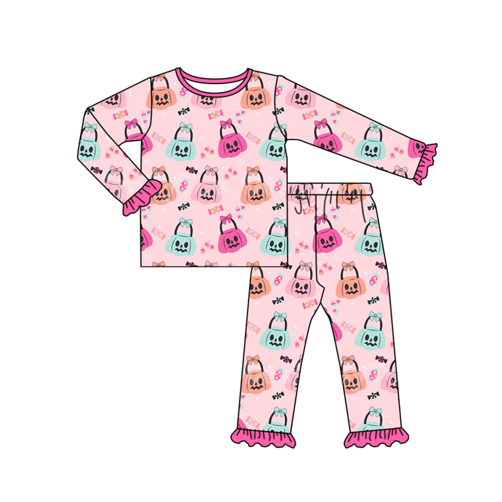 GLP1653 Halloween Pumpkin Candy Rose Red Lace Pink Long Sleeve Long Pants Pajama Set