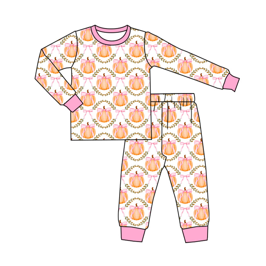 presale GLP1665 Pumpkin bow pattern pink and white long-sleeved long pants pajama set 2024 7.24