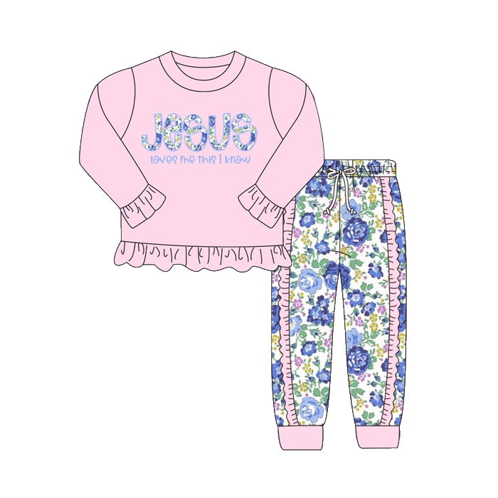 GLP1670 Pink Lace Lettering Long Sleeve Floral Pants Set