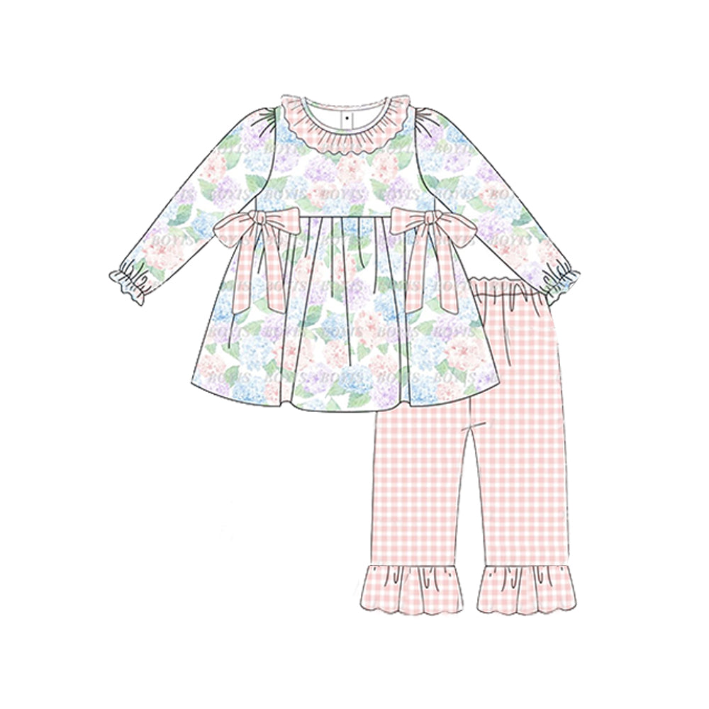 presale GLP1703 Pink flower long-sleeved top with bow pattern and pink and white plaid trousers set 2024 7.29