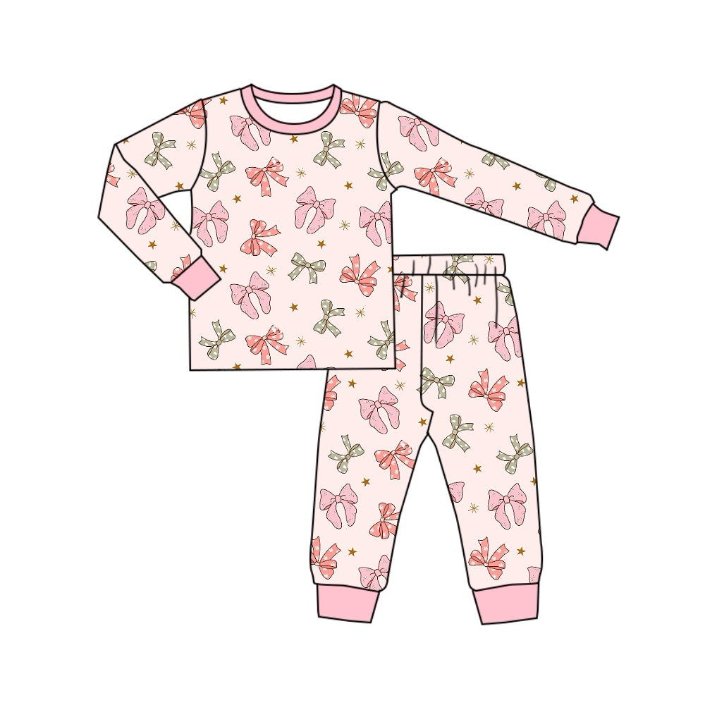 presale GLP1711 Light pink long-sleeved trousers pajamas set with bow and five-pointed heart pattern 2024 7.30