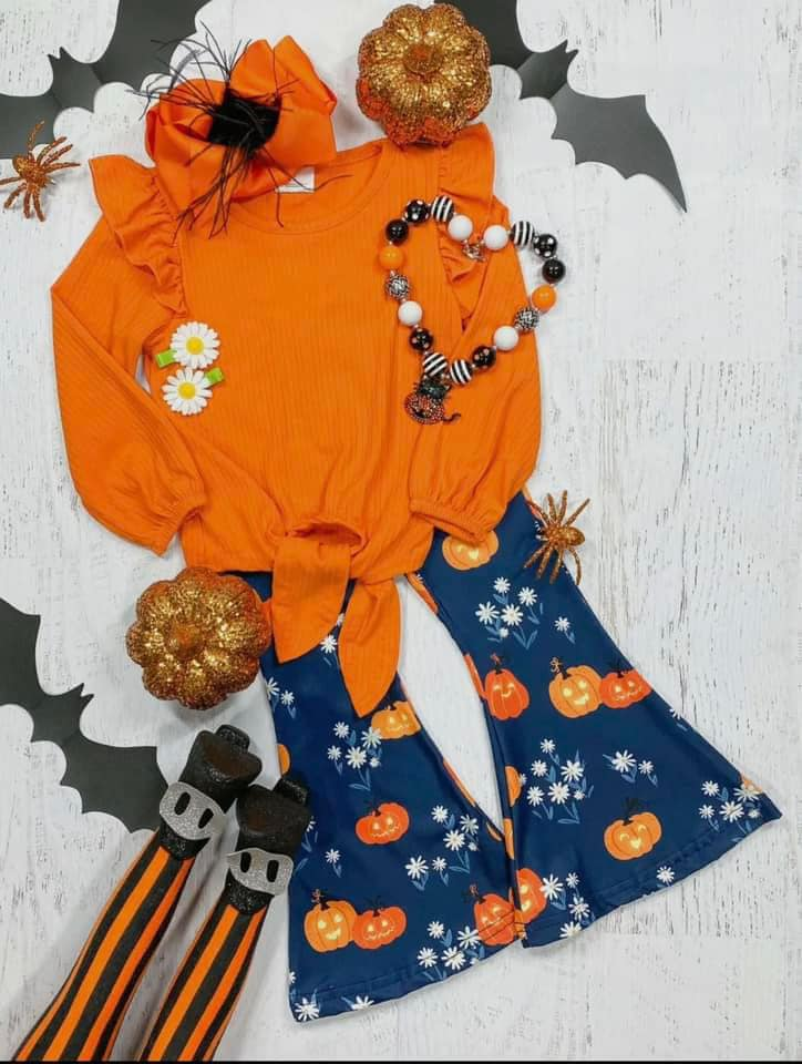 GLP1719 Solid Orange Lace Tie Long Sleeve Flower Halloween Pumpkin Blue Pants Set
