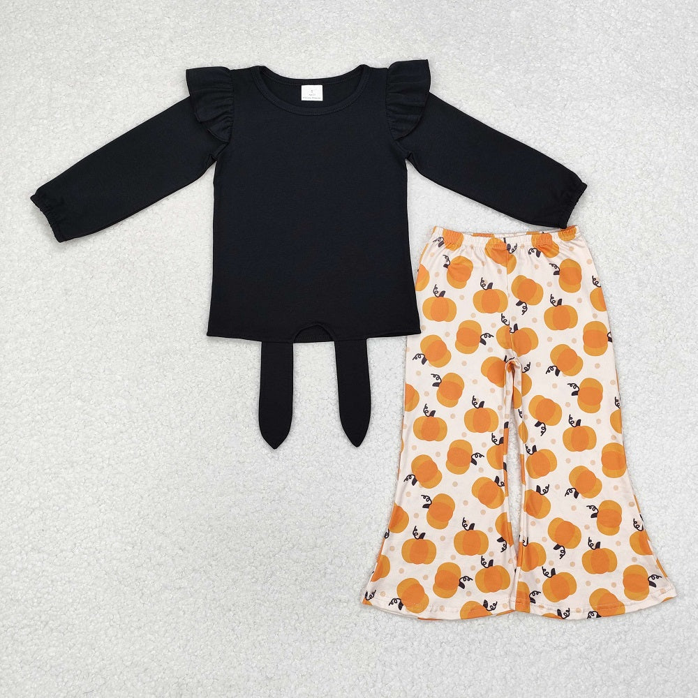 GLP1720 Solid Black Lace-Up Long Sleeve Pumpkin Polka Dot Pants Set