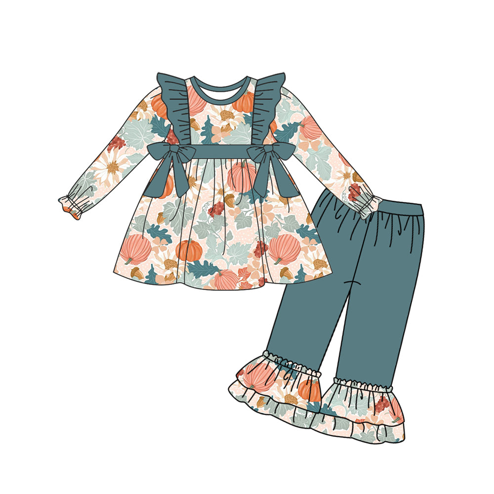 GLP1728 Pumpkin Leaf Blue Lace Bow Long Sleeve Pants Set