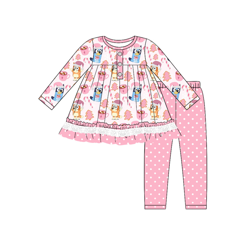 GLP1732 Christmas Cup Cane Polka Dot Pink Lace Long Sleeve Pants Set