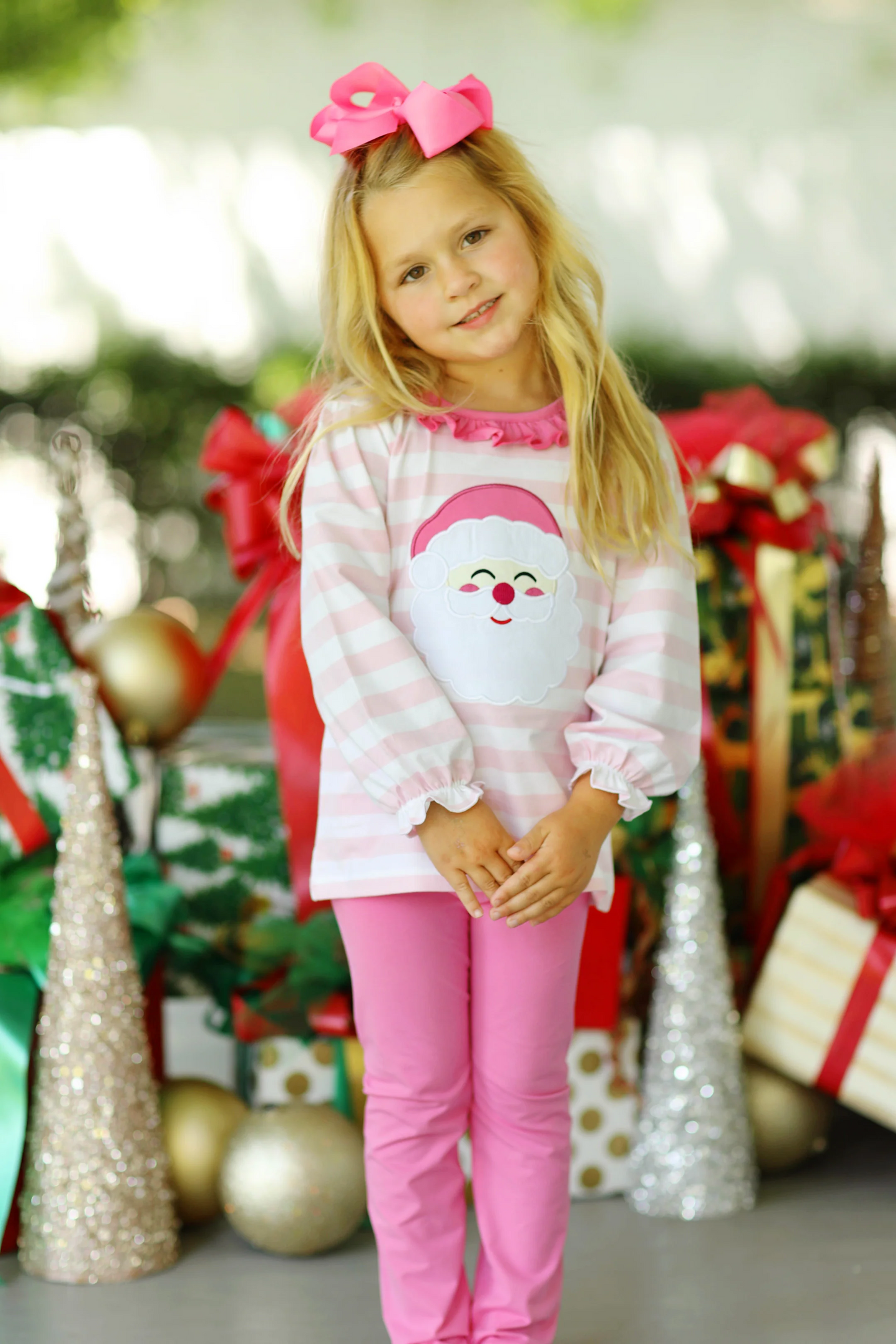 GLP1739 Santa Claus Lace Pink and White Striped Long Sleeve Pants Suit