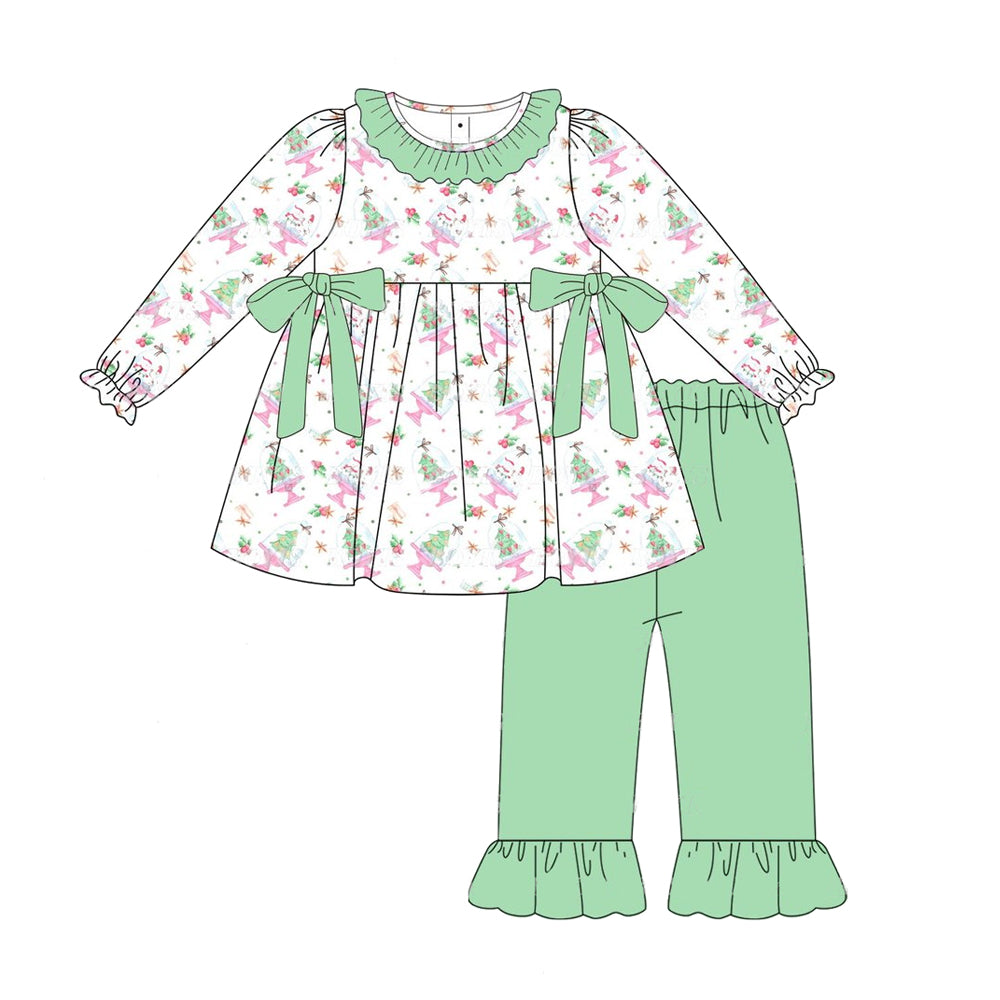 presale GLP1748 Christmas Tree Snowman Green Lace Bow White Long Sleeve Pants Set 2024 8.5