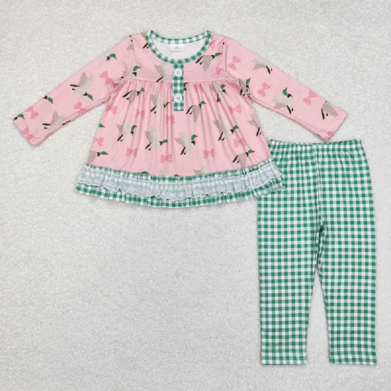 Match Sister Baby Girls Mallard Ducks Bows Checkered Clothes Sets D 4.12
