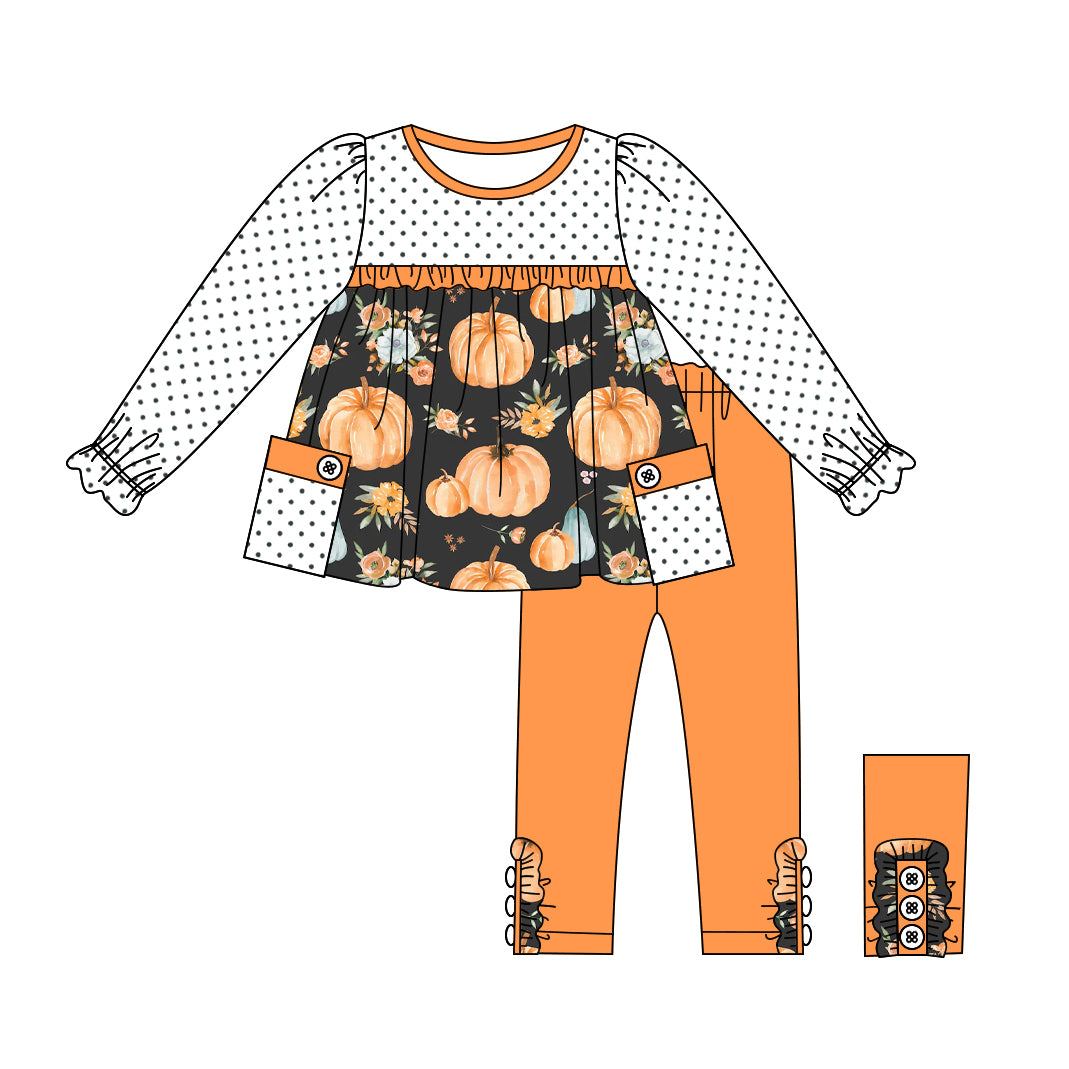 presale GLP1755 Pumpkin Blossom Polka Dot Pocket Orange Lace Long Sleeve Pants Set 2024 8.7