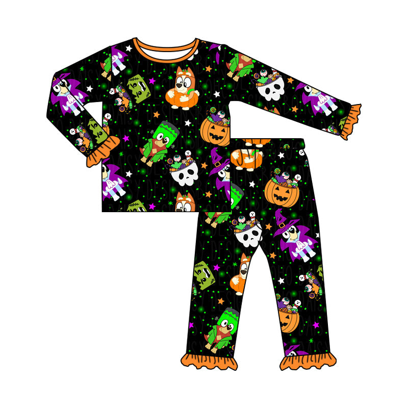 GLP1756 Halloween Pumpkin Star Lace Black and Orange Long Sleeve Long Pants Pajama Set