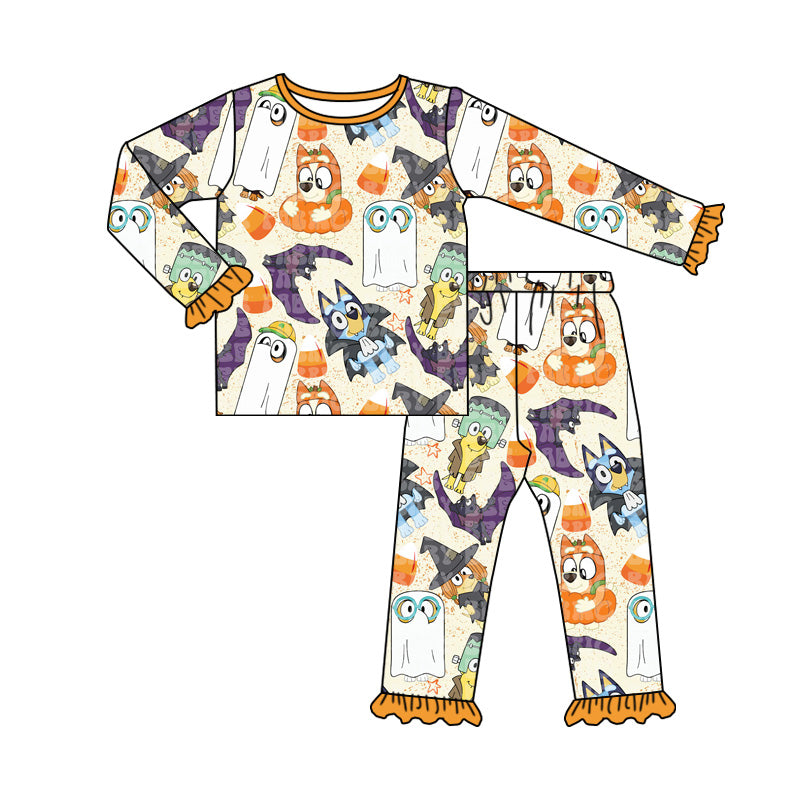 GLP1757 Halloween Ghost Bat Pumpkin Lace Beige Long Sleeve Long Pants Pajama Set