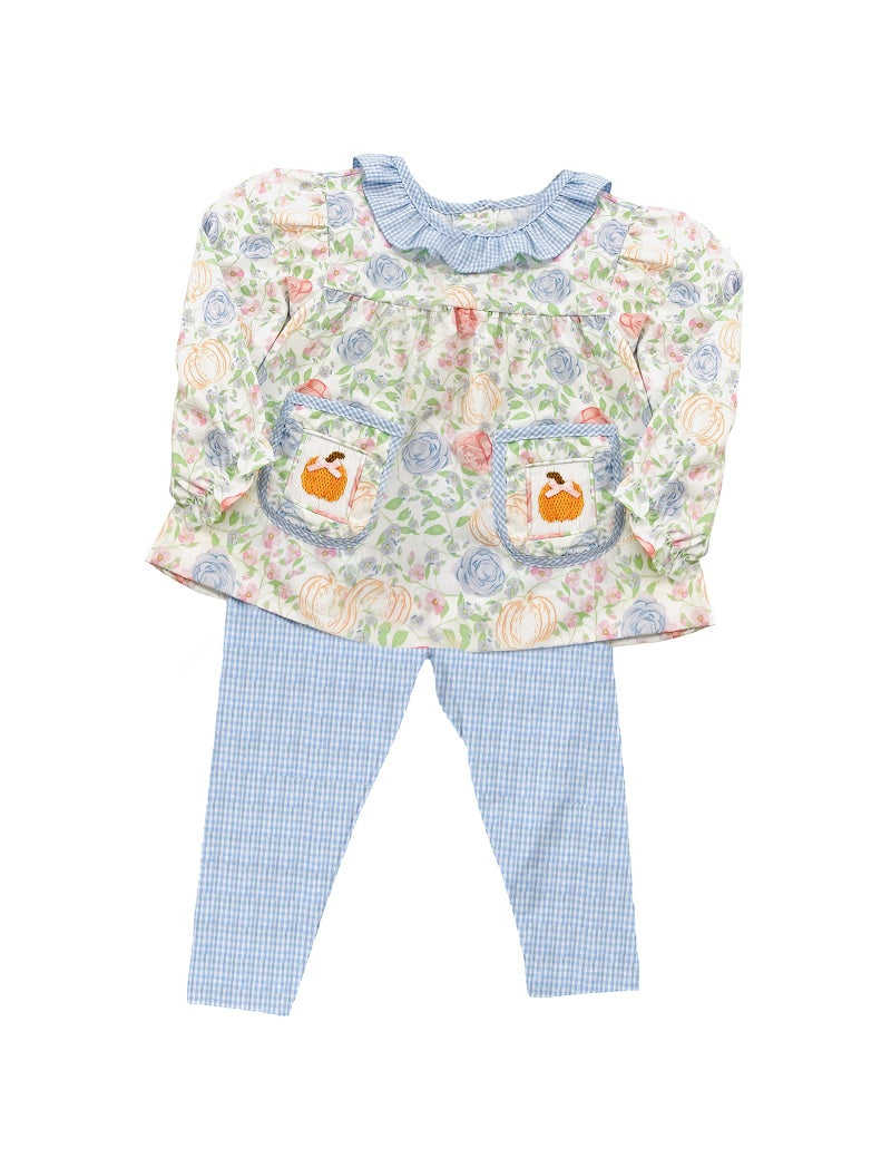 GLP1767 Flower Pumpkin Pocket Blue Plaid Lace Long Sleeve Pants Set