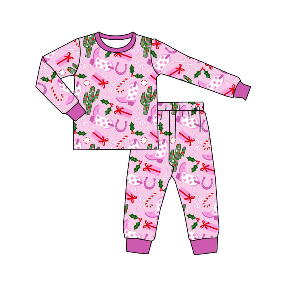 GLP1783 Baby Girls Christmas Western Boots Cactus Pajamas Clothes Sets D 1110