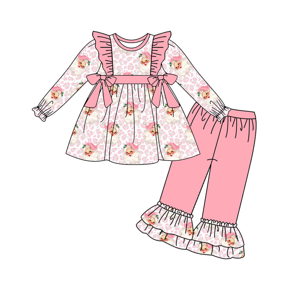 GLP1795 Santa Claus Leopard Print Pink Lace Bow White Long Sleeve Pants Suit