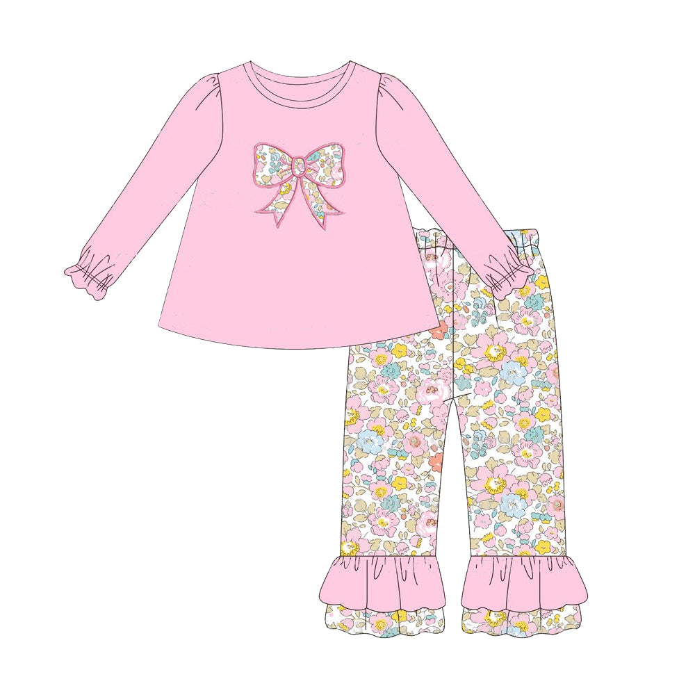 GLP1836 Pink long-sleeved trousers suit with floral bow pattern