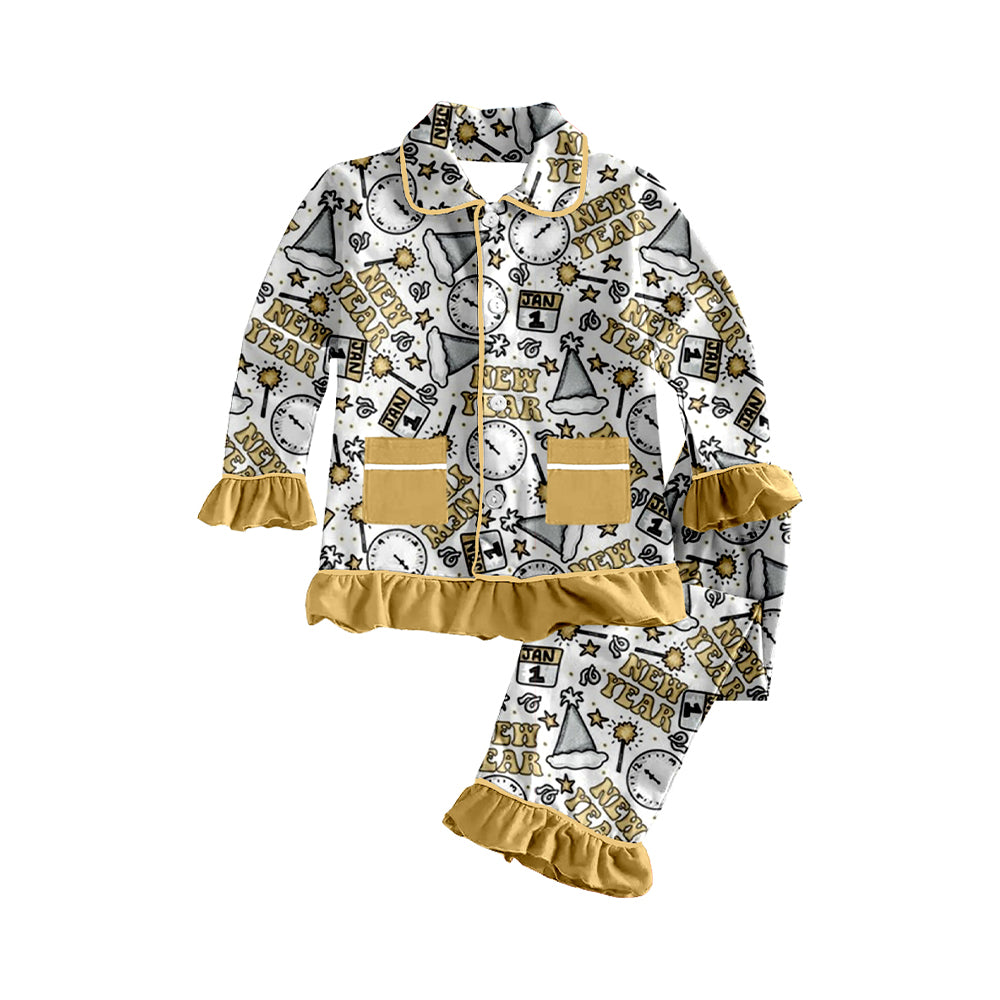 presale GLP1840 New Year Gold Pocket Lace White Long Sleeve Long Pants Pajama Set 2024 8.22