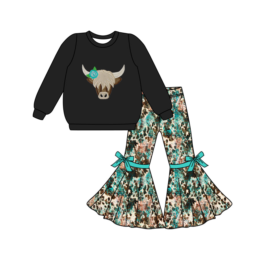 GLP1871 Black long-sleeved trousers suit with mountain bull head ink pattern