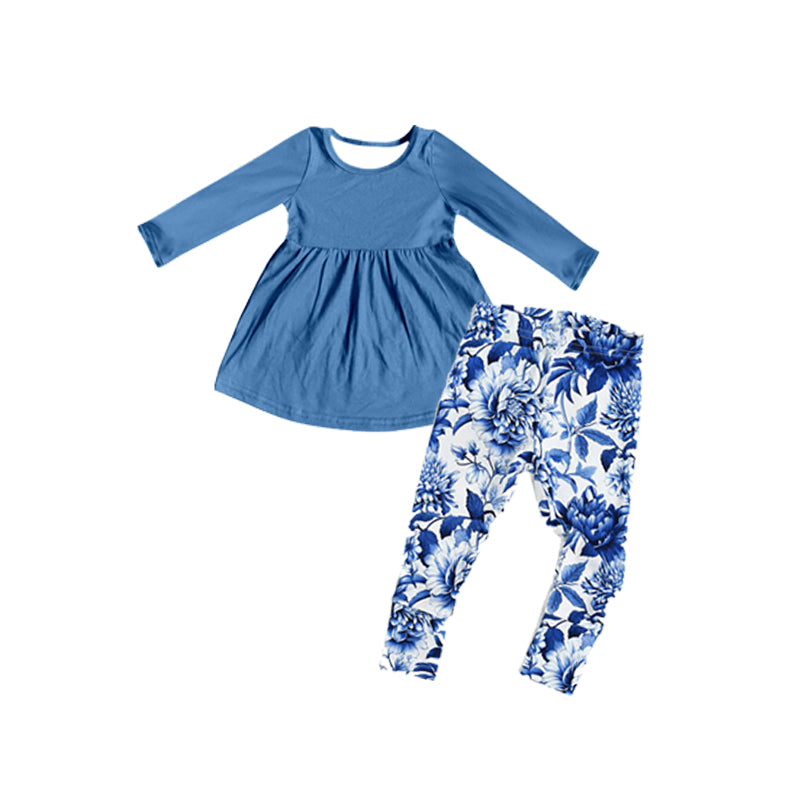 presale GLP1885 Baby Girls Blue Tunic Big Floral Legging Clothes Sets 2024 8.29