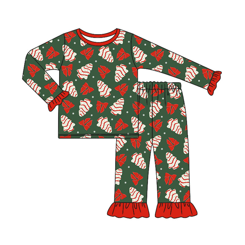 presale GLP1897 Christmas Cookie Bow Pattern Red and Green Long Sleeve Long Pants Pajama Set 2024 8.30