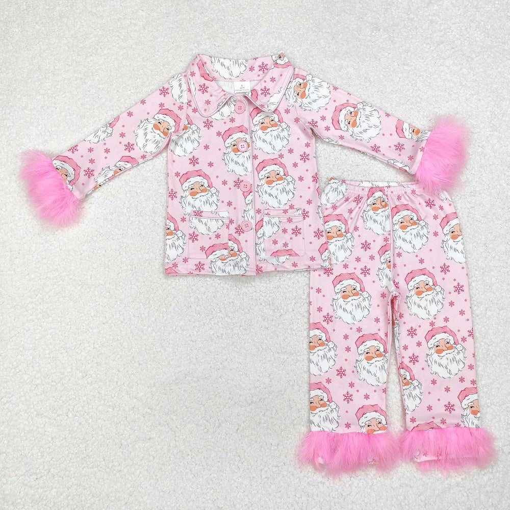 GLP1900 Santa Claus Snowflake Pink Plush Edge Long Sleeve Long Pants Pajama Set