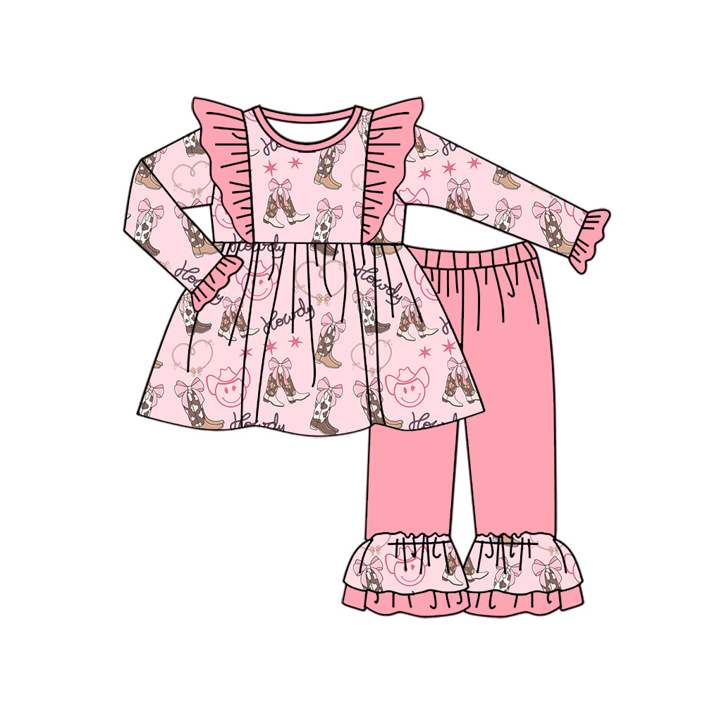 presale GLP1931 Baby Girls Western Howdy Boots Tunic Tops Ruffle Pants Clothes Sets 2024 9.4