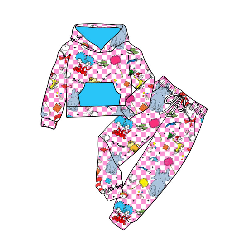 GLP1932 Blue Pocket Pink and White Plaid Hooded Long Sleeve Pants Set