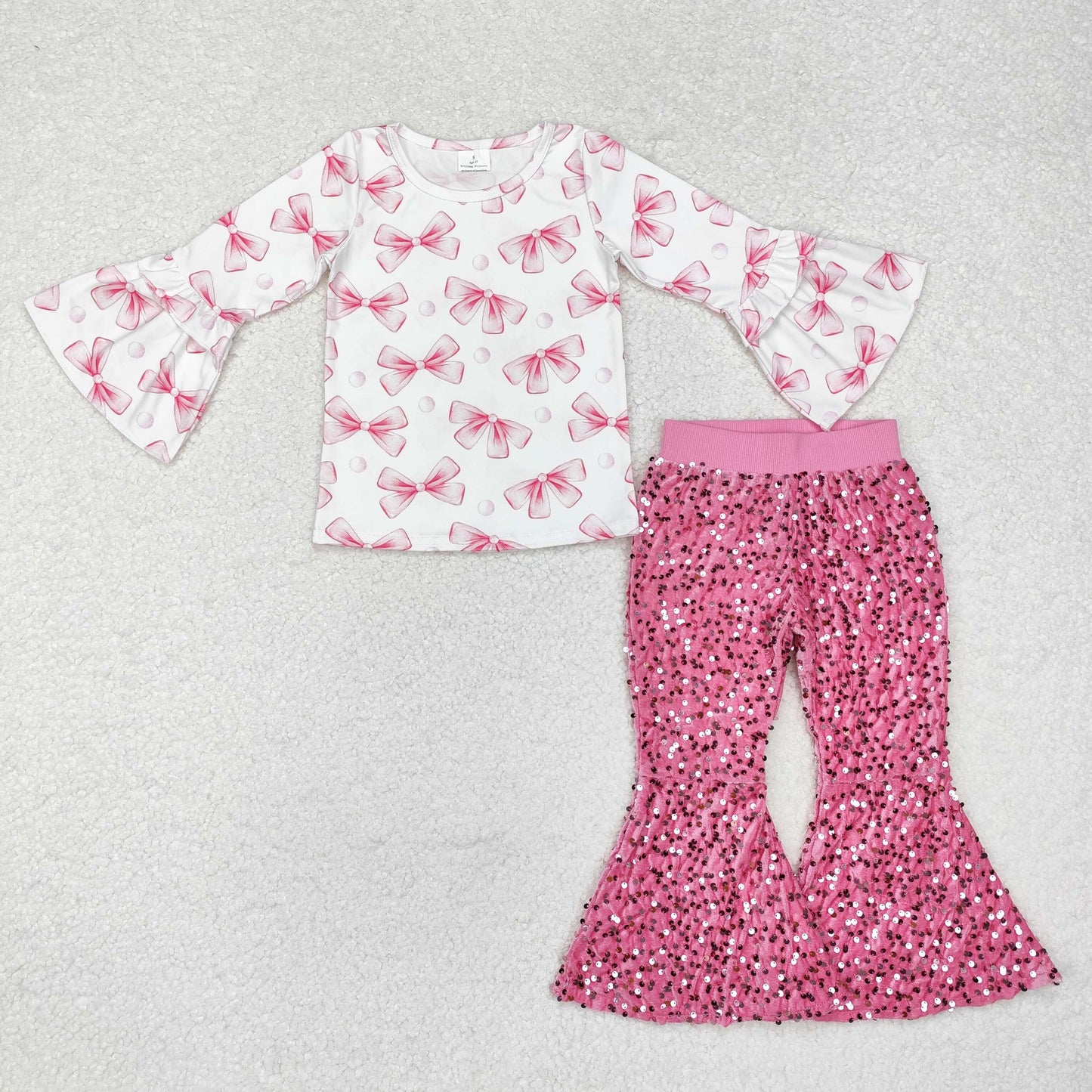 GLP1991 White long-sleeved rose-red sequined flared pants suit with bow pattern lace