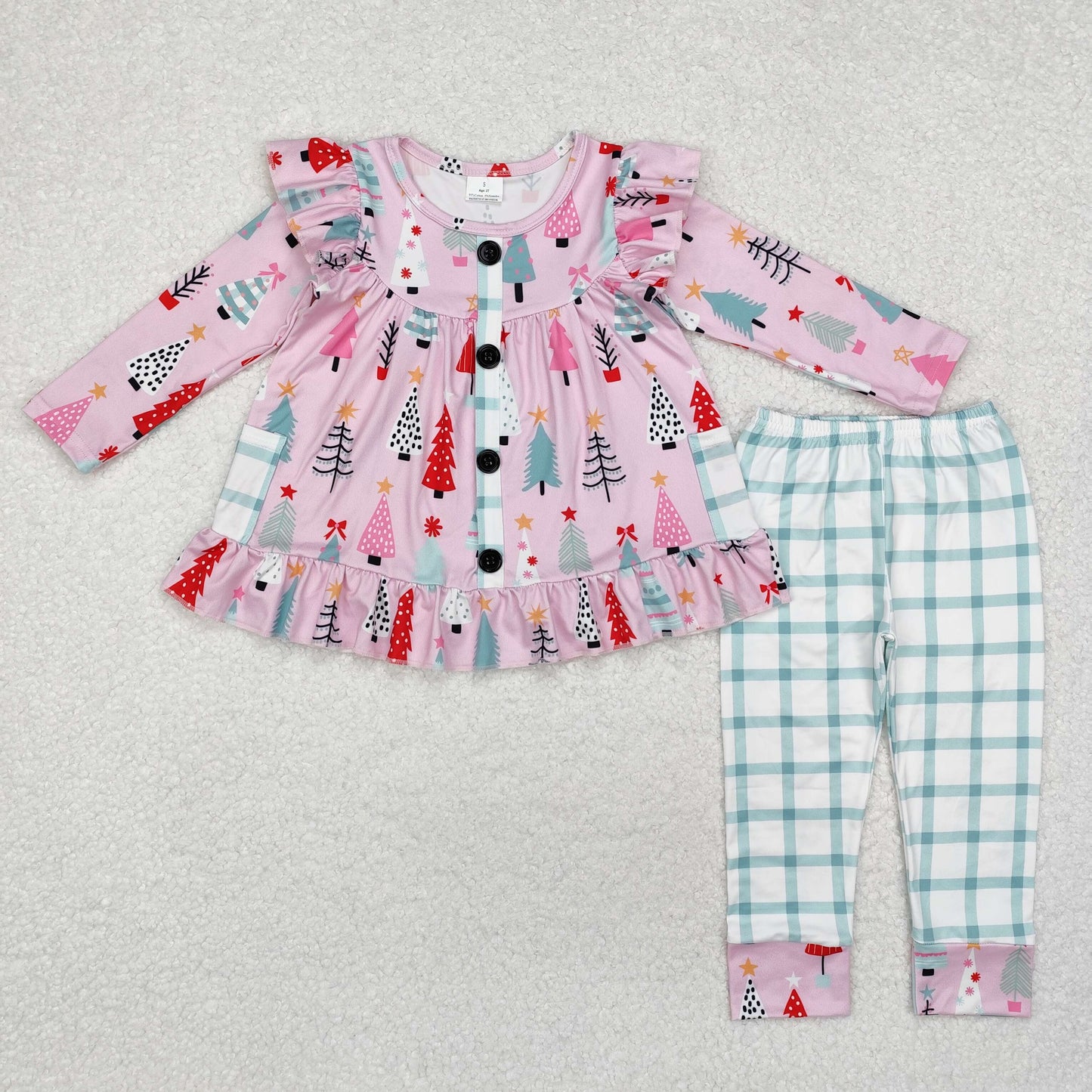 GLP1998 Christmas Tree Teal Plaid Pocket Pink Long Sleeve Pants Set