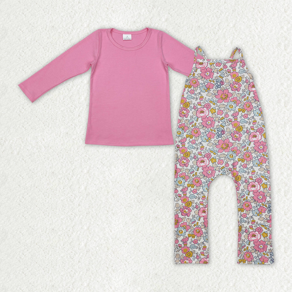 GLP2008 Baby Girls Pink Flowers Straps Jumpsuits Shirts 2pcs Sets