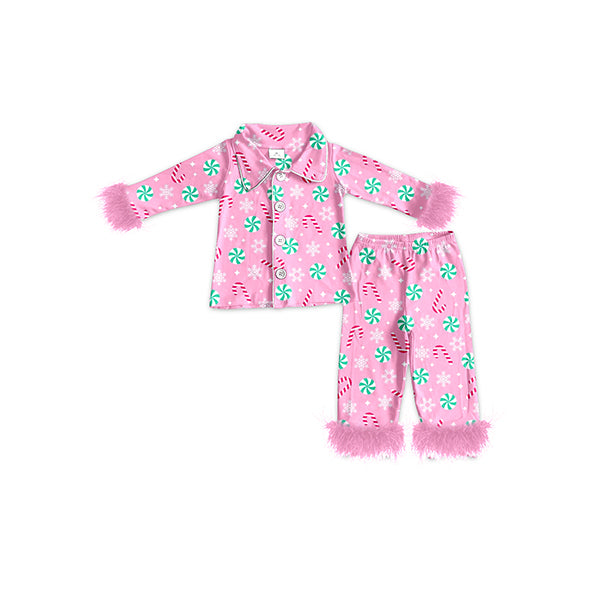 GLP2025 Baby Girls Christmas Balls Fur Tops Pants Pajamas Clothes Sets