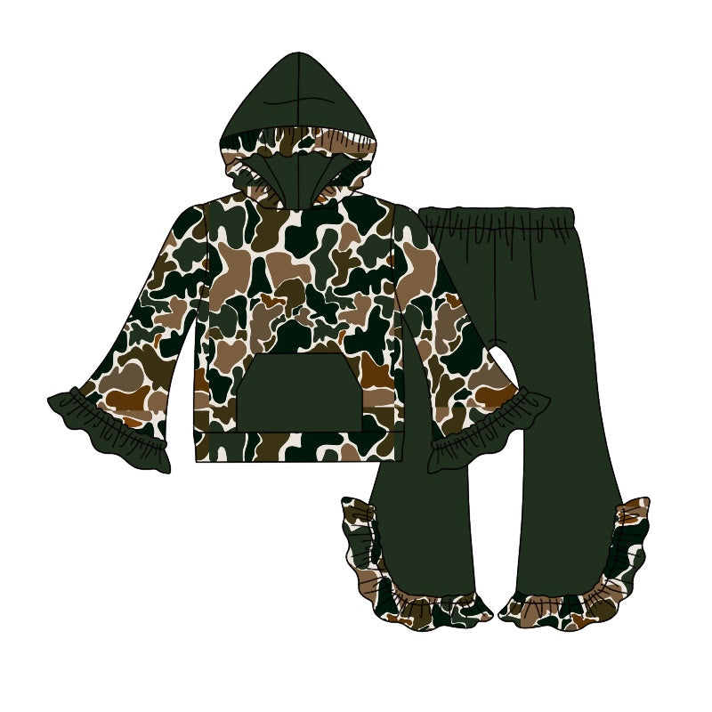 presale GLP2031 Baby Girls Dark Brown Camo Hooded Top Bell Pants Clothes Sets 2024 9.18