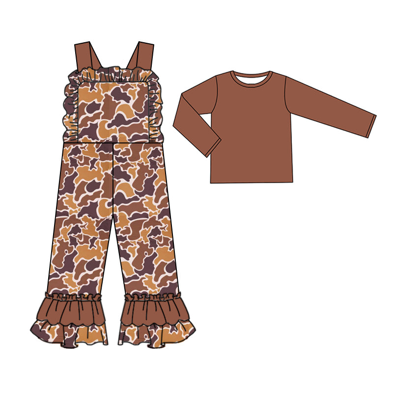 presale GLP2037 Baby Girls Bright Brown Camo Straps Jumpsuits Shirts 2pcs Clothes Sets 2024 9.18