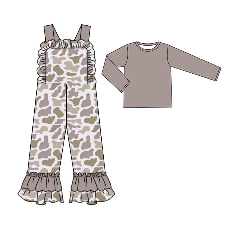 presale GLP2040 Baby Girls Light Grey Camo Straps Jumpsuits Shirts 2pcs Clothes Sets 2024 9.18