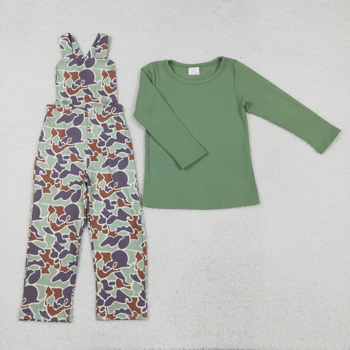GLP2044 Baby Girls Green Camo Straps Jumpsuits Shirts 2pcs Clothes Sets